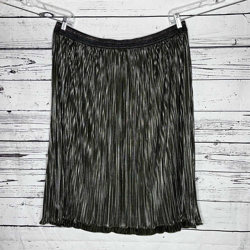 Skies are Blue 2X Green - Metallic Silver High Low Hem Pull On Pleated Skirt